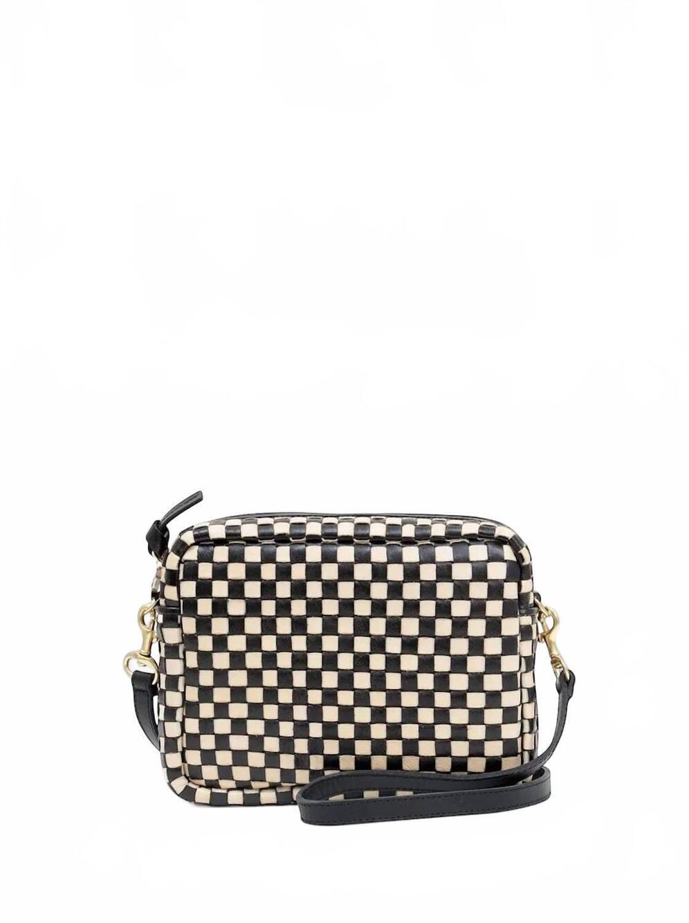 NEW CLARE V. women's woven checker midi sac bag in black cream